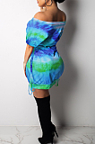 Yellow Casual Polyester Tie Dye Short Sleeve Knotted Strap Ruffle Mini Dress K8889