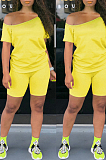 Yellow Casual Cotton Short Sleeve Tee Top Shorts Sets K8909