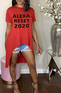 Red Casual Polyester Letter Short Sleeve Round Neck Tee Top YYZ506