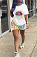 White Casual Polyester Mouth Graphic Short Sleeve Round Neck Tee Top Shorts Sets SDD9267