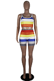 Blue Casual Polyester Striped Sleeveless Round Neck Tee Top Shorts Sets SDD9278
