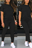 Black Casual Polyester Short Sleeve Round Neck Tee Top Long Pants Sets SDD9276