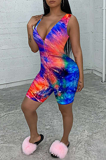 Red Casual Tie Dye Sleeveless V Neck Tank Jumpsuit FA7108