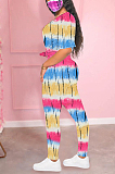 Blue Yellow Casual Polyester Tie Dye Short Sleeve Round Neck Tee Top Long Pants Sets SDD9280