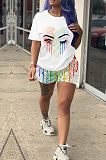 White Casual Polyester Short Sleeve Round Neck Tee Top Shorts Sets SDD9279