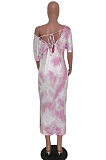 Pink Casual Tie Dye Half Sleeve V Neck Back Tied Long Dress YM8117