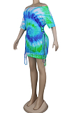 Green Casual Polyester Tie Dye Short Sleeve Knotted Strap Ruffle Mini Dress K8889