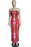 Rose Red Sexy Polyester Tie Dye Sleeveless Mid Waist Tube Dress BBN063