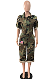 Purple Casual Camo Short Sleeve Lapel Neck Elastic Waist Roll-Up Sleeve Overall Jumpsuit MD074