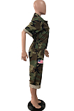 Blue Casual Camo Short Sleeve Lapel Neck Elastic Waist Roll-Up Sleeve Overall Jumpsuit MD074
