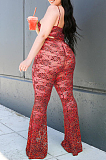 Red Casual Polyester Sleeveless Spaghetti Strap  Open Back Tank Top Long Pants Sets BBN014