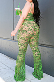 Green Casual Polyester Sleeveless Spaghetti Strap  Open Back Tank Top Long Pants Sets BBN014