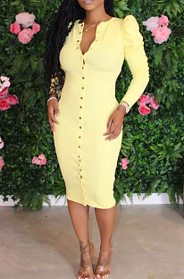 Yellow Casual Polyester Long Sleeve V Neck Buttoned Mid Waist Long Dress BBN059