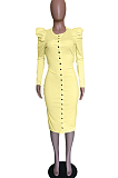 Yellow Casual Polyester Long Sleeve V Neck Buttoned Mid Waist Long Dress BBN059