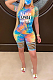 Blue Casual Polyester Tie Dye Letter Short Sleeve Round Neck Tee Top Shorts Sets BBN083