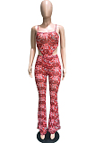 Red Casual Polyester Sleeveless Spaghetti Strap  Open Back Tank Top Long Pants Sets BBN014