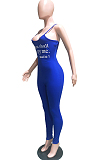 Blue Sexy Cotton Letter Sleeveless Spaghetti Strap  Open Back Cami Jumpsuit BBN082