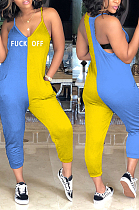 Yellow Blue Casual Letter Sleeveless V Neck Contrast Panel Cami Jumpsuit MD321