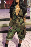Blue Casual Camo Short Sleeve Lapel Neck Elastic Waist Roll-Up Sleeve Overall Jumpsuit MD074