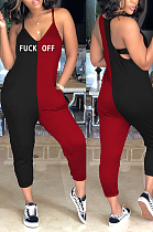 Red Black Casual Letter Sleeveless V Neck Contrast Panel Cami Jumpsuit MD321
