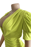 Yellow Sexy Polyester Short Sleeve Open The Chest Puff Sleeve Shirred Detail Bodycon Jumpsuit WM845