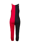 Red Black Casual Letter Sleeveless V Neck Contrast Panel Cami Jumpsuit MD321