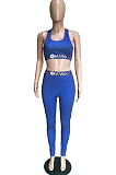 Blue Casual Polyester Letter Sleeveless Round Neck Tank Top Long Pants Sets BBN080