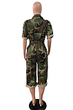 Purple Casual Camo Short Sleeve Lapel Neck Elastic Waist Roll-Up Sleeve Overall Jumpsuit MD074