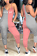 Gray Pink Casual Letter Sleeveless V Neck Contrast Panel Cami Jumpsuit MD321