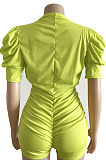 Yellow Sexy Polyester Short Sleeve Open The Chest Puff Sleeve Shirred Detail Bodycon Jumpsuit WM845