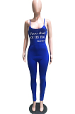 Blue Sexy Cotton Letter Sleeveless Spaghetti Strap  Open Back Cami Jumpsuit BBN082