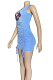 Blue Sexy Polyester Mouth Graphic Sleeveless Round Neck Shirred Detail Tank Dress WN850