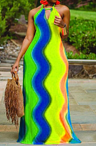 Blue Yellow Sexy Polyester Rainbow Stripe Sleeveless Back Tied Mid Waist Long Dress LYY9255