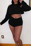 Black Casual Polyester Long Sleeve Round Neck Ripped Crop Top Shorts Sets WM852