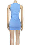 Blue Sexy Polyester Mouth Graphic Sleeveless Round Neck Shirred Detail Tank Dress WN850