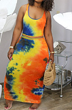 Red Blue Casual Polyester Tie Dye Sleeveless Round Neck Tank Top Long Skirt Sets Q593
