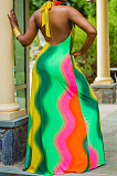Green Orange Sexy Polyester Rainbow Stripe Sleeveless Back Tied Mid Waist Long Dress LYY9255