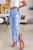 Blue Casual Polyester Self Belted Ripped Mid Waist Long Pants K005