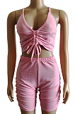 Pink Sexy Polyester Sleeveless Deep V Neck Backless Shirred Detail Crop Top Shorts Sets WM848