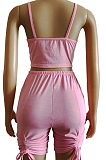 Pink Sexy Polyester Sleeveless Deep V Neck Backless Shirred Detail Crop Top Shorts Sets WM848