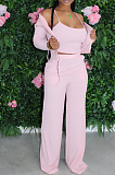 Pink Casual Polyester Long Sleeve Utility Blouse Long Pants Sets Q590