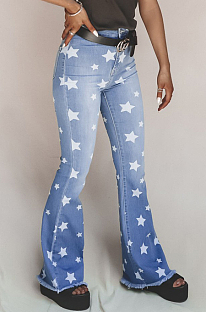 Blue Casual Star Graphic Mid Waist Long Pants Flare Leg Pants MD315