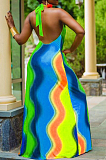 Blue Yellow Sexy Polyester Rainbow Stripe Sleeveless Back Tied Mid Waist Long Dress LYY9255