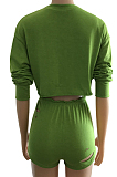 Green Casual Polyester Long Sleeve Round Neck Ripped Crop Top Shorts Sets WM852