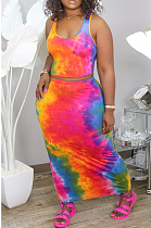 Red Blue Casual Polyester Tie Dye Sleeveless Round Neck Tank Top Long Skirt Sets Q593