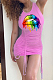 Pink Sexy Polyester Mouth Graphic Sleeveless Round Neck Shirred Detail Tank Dress WN850