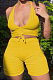 Yellow Sexy Polyester Sleeveless Deep V Neck Backless Shirred Detail Crop Top Shorts Sets WM848