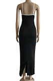 Black Simplee Polyester Sleeveless Deep V Neck Spaghetti Strap  Open Back Long Dress WM853