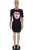 Black Casual Polyester Mouth Graphic Short Sleeve Round Neck High Waist Mini Dress LMM8158