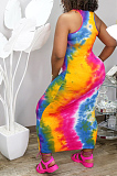 Red Blue Casual Polyester Tie Dye Letter Sleeveless Round Neck Mid Waist Tank Dress Q592